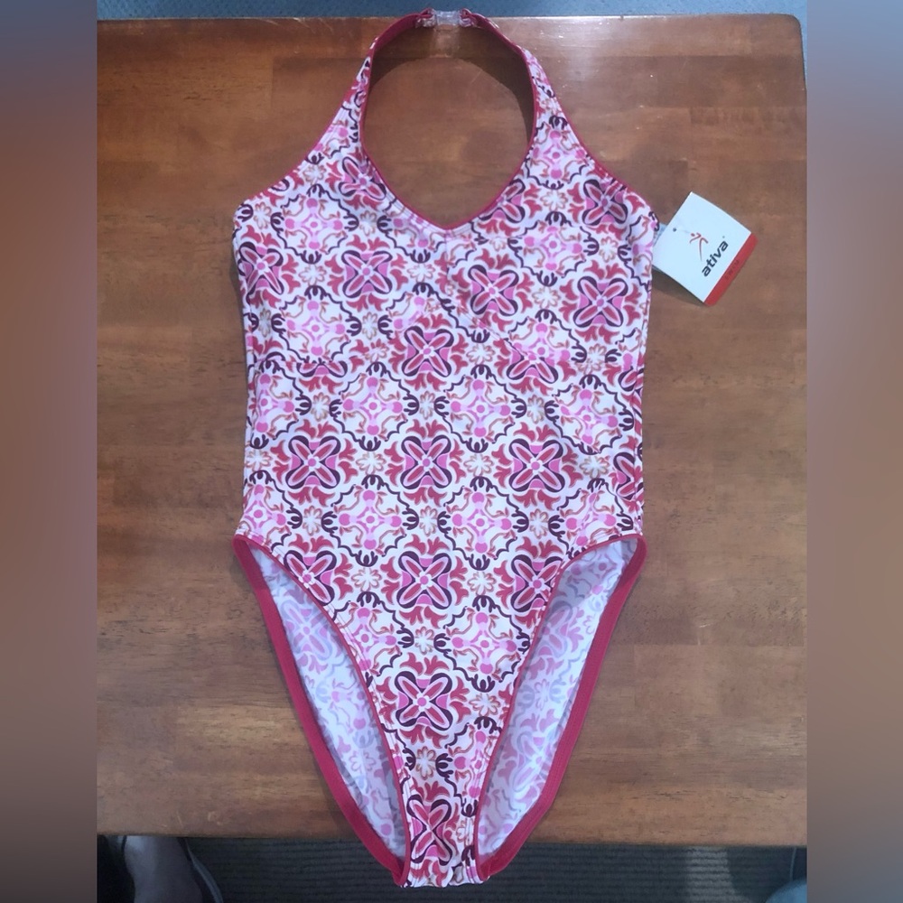 Y2K XS Activa Pink and White One-Piece Swimsuit